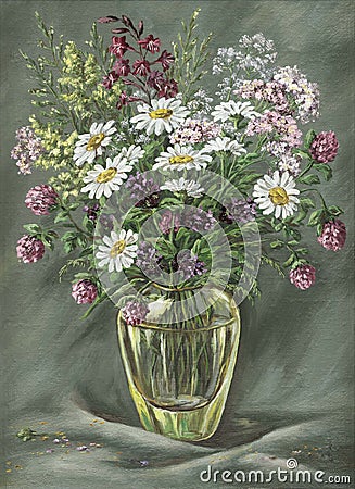 Glass vase with wild flowers Stock Photo