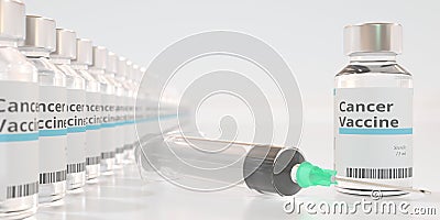 Glass vials with cancer vaccine and syringe. 3D rendering Stock Photo