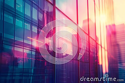 The glass wall of an office skyscraper reflects the sunrise and the buildings of the metropolis Stock Photo