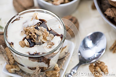 Glass with Walnut Chocolate Yoghurt Stock Photo