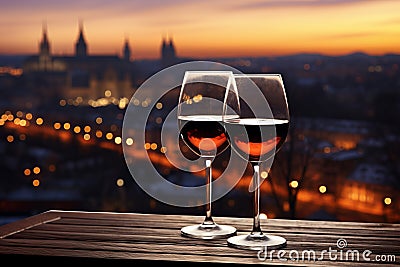 Two glasses of red wine close-up against the backdrop of an evening festive European city Stock Photo