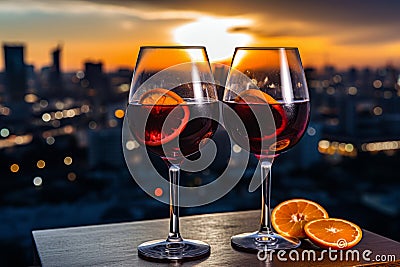 Two glasses of mulled wine close-up against the backdrop of an evening festive European city Stock Photo