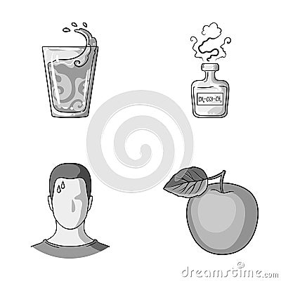 A glass of water, a bottle of alcohol, a sweating man, an apple. Diabeth set collection icons in monochrome style vector Vector Illustration