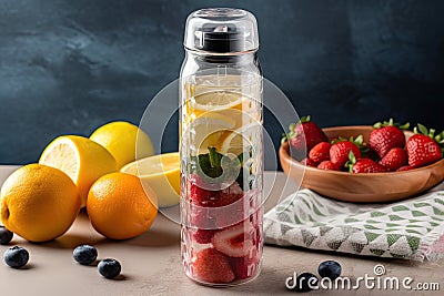 glass water bottle, filled with refreshing fruit-infused water for easy and healthy hydration Stock Photo