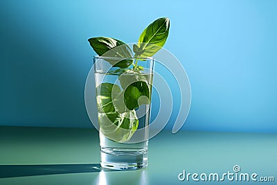 Glass of water with fresh basil on blue background. Stock Photo