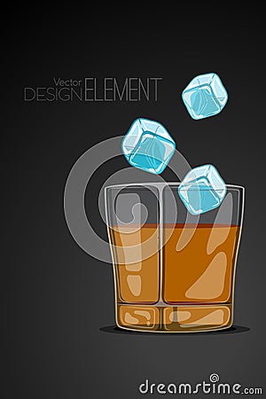 Glass of whiskey on abstract black background with flying ice cubes. Strict artsy style. Colored cartoon vector illustration. Temp Vector Illustration