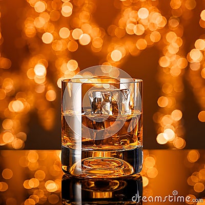 Glass of whiskey with ice cubes in front of christmas lights Stock Photo