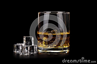 Glass of whiskey with ice cubes isolated on black Stock Photo