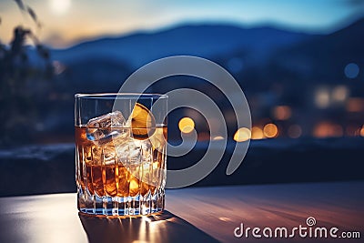 Glass of whiskey with ice cubes and lemon on the background of the sunset of the mountains. Relaxing on vacation, travelling. Stock Photo