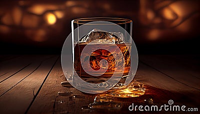 Glass of whiskey with ice cubes on a wooden table and Bokeh. Alcoholism concept. Addicting to alcoholic drink. Generative AI Cartoon Illustration
