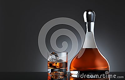 Glass of whiskey with ice and a round carafe full of single malt whiskey Stock Photo