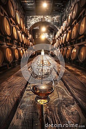 glass of whisky positioned elegantly on a rustic wooden table, with a whisky barrel visible in the background. AI generative Stock Photo