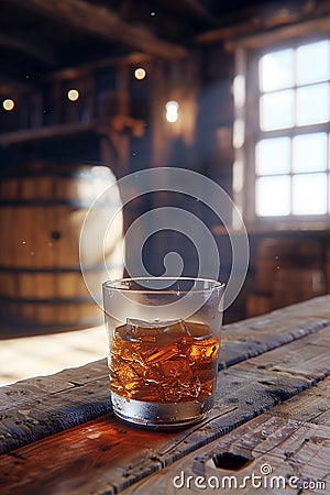 glass of whisky positioned elegantly on a rustic wooden table, with a whisky barrel visible in the background. AI generative Stock Photo
