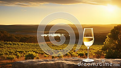 Glass of white wine on table in vineyard against beautiful landscape at sunset. Australian wine concept. Stock Photo
