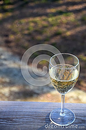 Glass of white wine on wooden table at sunset with the garden in the background Stock Photo