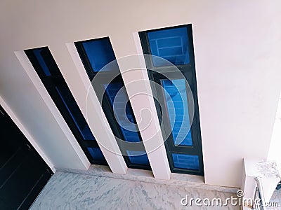 The glass window of room with black wood framework. Stock Photo