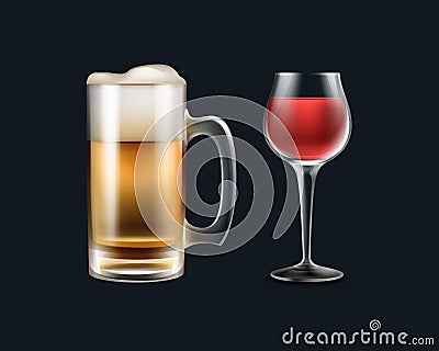 Glass of wine and beer Vector Illustration