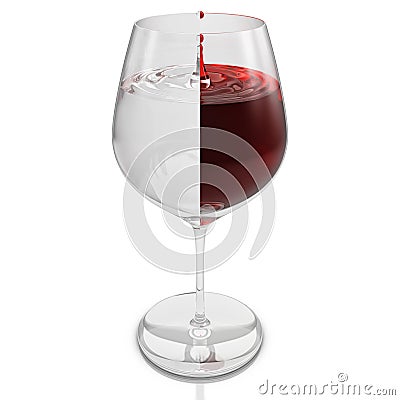Glass of wine with a dripping drop and with liquid being formed by half wine and half water divided in half. 3D Illustration Stock Photo