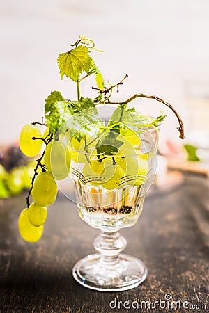 Glass of wine with fresh grapes on a branch inside on dark wooden background close up Stock Photo