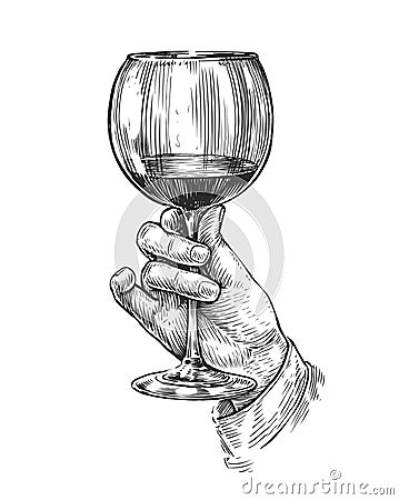 Glass of wine in hand. Sketch vintage vector illustration Vector Illustration