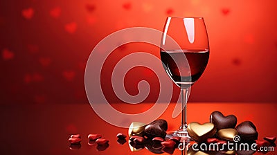 Glass of wine, heart-shaped chocolates, valentine's day, glow, on a clean background, promotional shot Stock Photo