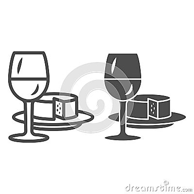 Glass of wine and piece of cheese line and solid icon, Wine festival concept, drink and snack sign on white background Vector Illustration