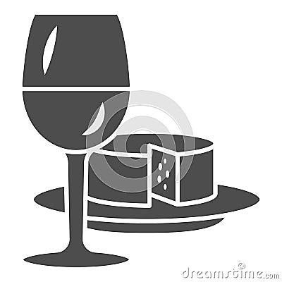 Glass of wine and piece of cheese solid icon, Wine festival concept, drink and snack sign on white background, wineglass Vector Illustration