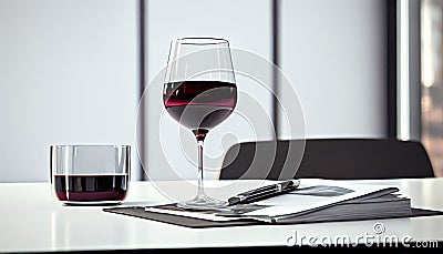 glass of wine on the table in office. created with Generative AI technology Cartoon Illustration