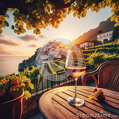 A glass of wine on a table on the terrace of an ancient villa among vineyards on the Italian coast, at sunset. Generated AI Stock Photo