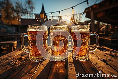 Glasses with amber beer stand on a wooden table in the sun. Stock Photo