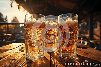 Glasses with amber beer stand on a wooden table in the sun. Stock Photo