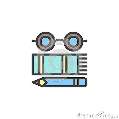 Glasses, book and pencil filled outline icon Vector Illustration