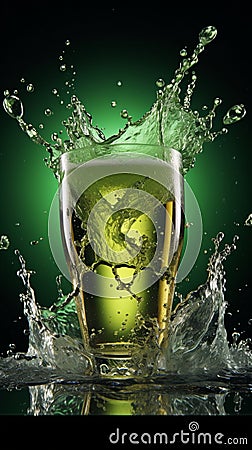 Glasses brimming with green beer, bubbling and foaming in a refreshing splash Stock Photo