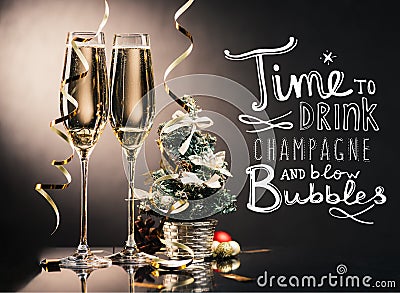 glasses of champagne and Christmas decorations Stock Photo