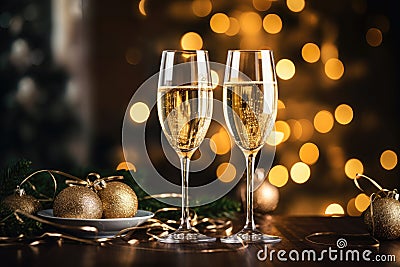 glasses of champagne, Christmas and New Year. Holidays and dreams. Make a wish. Stock Photo