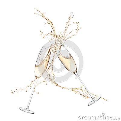 Glasses of champagne clinking together and splashing on white Stock Photo