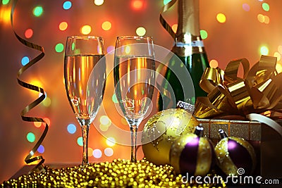 Glasses of champagne with gift box Stock Photo