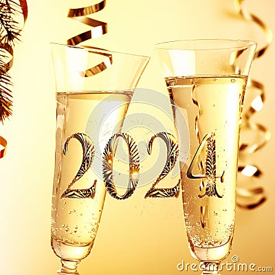 2024 glasses of champagne New Year's party, square Stock Photo