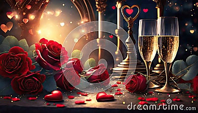 glasses with champagne and red roses with gold ornament Stock Photo