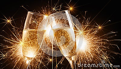 Glasses of champagne with sparklers Stock Photo