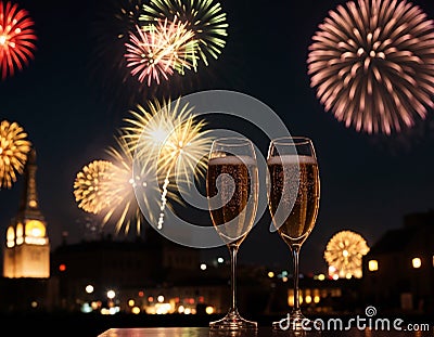Glasses of champagne on a table with fireworks in the background Cartoon Illustration