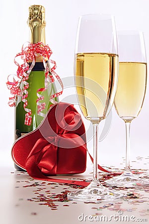 Glasses of champagne for Valentines day with heart Stock Photo