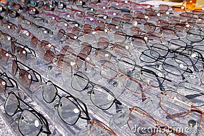 Glasses for close up view in rows many eye glasses Stock Photo