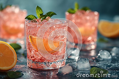 Glasses of cocktail Pink Flamingo with ice cubes and lemon slice Stock Photo