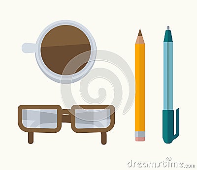 Glasses, coffee, pen and pencil Vector Illustration