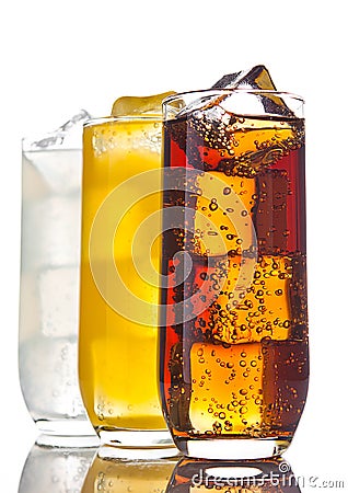 Glasses with cola orange soda and lemonade ice Stock Photo