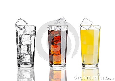 Glasses of cola orange soda lemonade with ice Stock Photo