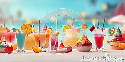 Glasses with cold refreshing summer drinks. Ice lemonade, smoothie and sweet cakes on sand beach over sea water and blue sky Stock Photo