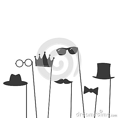 Glasses, crown, mustaches, hats, gentelmens icons set on a stick Stock Photo