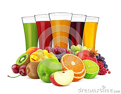 Glasses of different juice and pile of fruits and berries isolated on white background Stock Photo